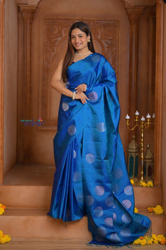 Shubh Lakshmi ~ Handloom High Quality Pure Soft Silk Saree in Ocean Blue (Silk Mark Certified) - verymuchindian.com