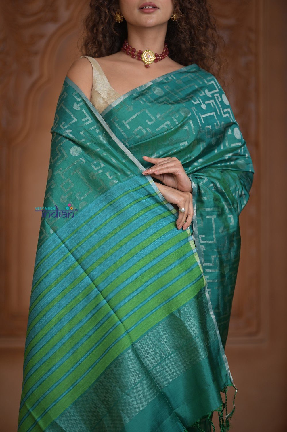 Shubh Lakshmi ~ Handloom High Quality Pure Soft Silk Saree in Ocean Green (Silk Mark Certified) - verymuchindian.com