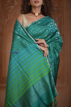 Shubh Lakshmi ~ Handloom High Quality Pure Soft Silk Saree in Ocean Green (Silk Mark Certified) - verymuchindian.com