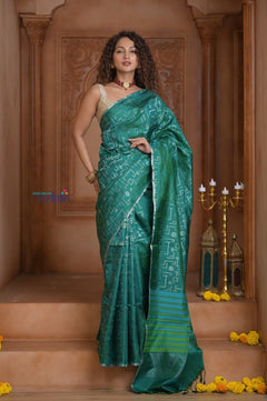 Shubh Lakshmi ~ Handloom High Quality Pure Soft Silk Saree in Ocean Green (Silk Mark Certified) - verymuchindian.com