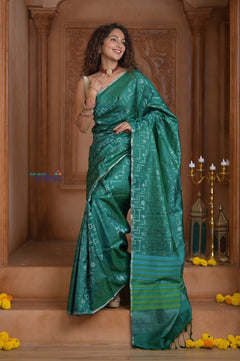 Shubh Lakshmi ~ Handloom High Quality Pure Soft Silk Saree in Ocean Green (Silk Mark Certified) - verymuchindian.com