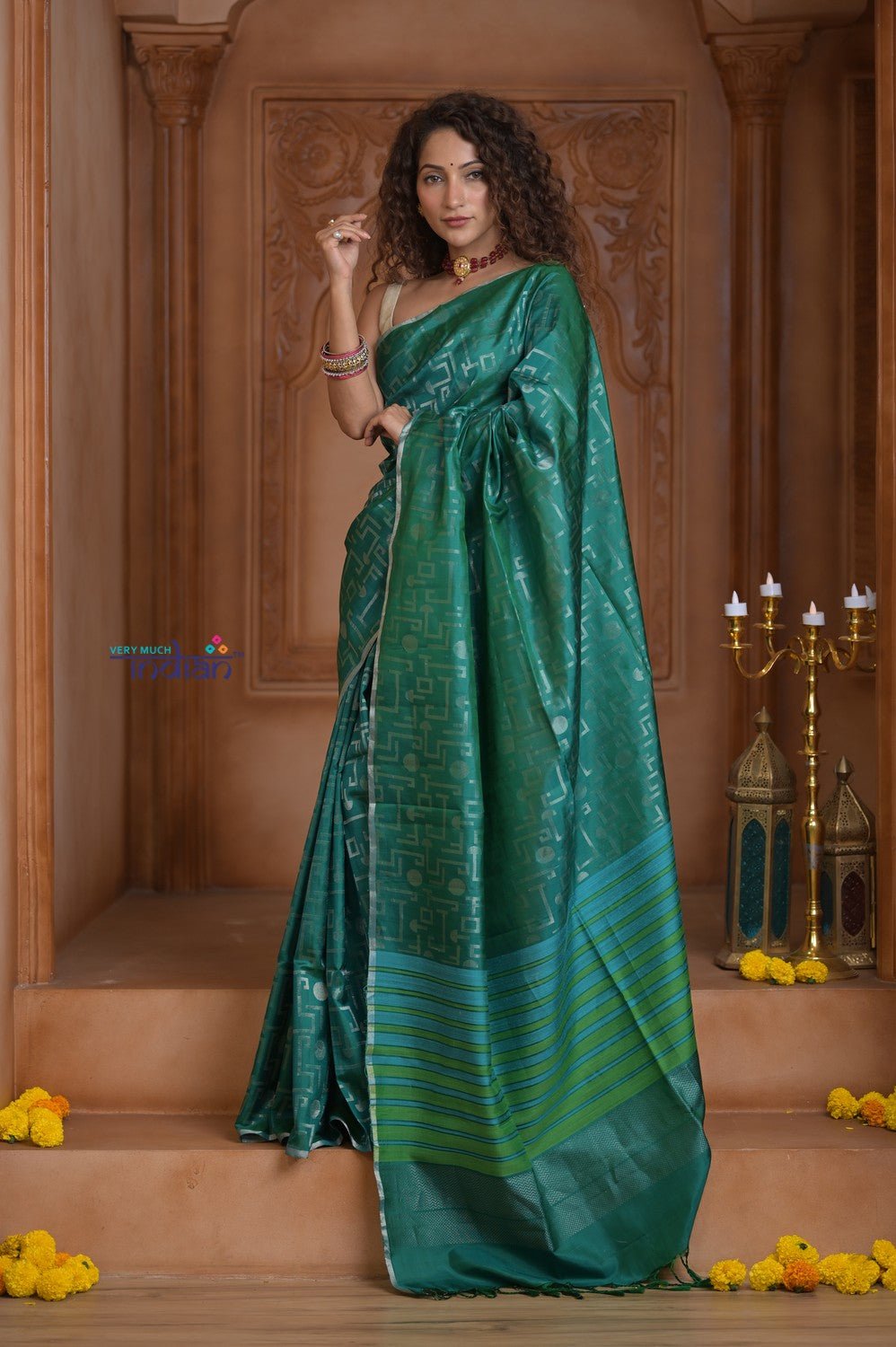 Shubh Lakshmi ~ Handloom High Quality Pure Soft Silk Saree in Ocean Green (Silk Mark Certified) - verymuchindian.com