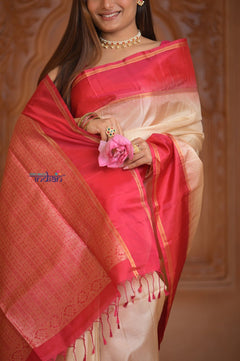 Shubh Lakshmi ~ Handloom High Quality Pure Soft Silk Saree in Off White and Pink (Silk Mark Certified) - verymuchindian.com