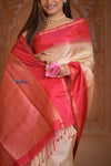 Shubh Lakshmi ~ Handloom High Quality Pure Soft Silk Saree in Off White and Pink (Silk Mark Certified) - verymuchindian.com