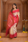 Shubh Lakshmi ~ Handloom High Quality Pure Soft Silk Saree in Off White and Pink (Silk Mark Certified) - verymuchindian.com