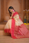 Shubh Lakshmi ~ Handloom High Quality Pure Soft Silk Saree in Off White and Pink (Silk Mark Certified) - verymuchindian.com