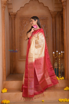 Shubh Lakshmi ~ Handloom High Quality Pure Soft Silk Saree in Off White and Pink (Silk Mark Certified) - verymuchindian.com