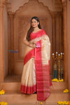 Shubh Lakshmi ~ Handloom High Quality Pure Soft Silk Saree in Off White and Pink (Silk Mark Certified) - verymuchindian.com