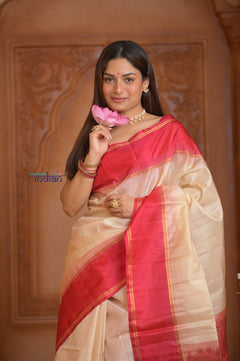 Shubh Lakshmi ~ Handloom High Quality Pure Soft Silk Saree in Off White and Pink (Silk Mark Certified) - verymuchindian.com