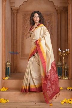 Shubh Lakshmi ~ Handloom High Quality Pure Soft Silk Saree in Off White and Red (Silk Mark Certified) - verymuchindian.com