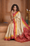 Shubh Lakshmi ~ Handloom High Quality Pure Soft Silk Saree in Off White and Red (Silk Mark Certified) - verymuchindian.com