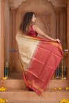 Shubh Lakshmi ~ Handloom High Quality Pure Soft Silk Saree in Off White and Red (Silk Mark Certified) - verymuchindian.com
