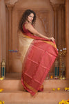 Shubh Lakshmi ~ Handloom High Quality Pure Soft Silk Saree in Off White and Red (Silk Mark Certified) - verymuchindian.com