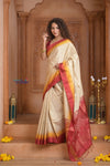 Shubh Lakshmi ~ Handloom High Quality Pure Soft Silk Saree in Off White and Red (Silk Mark Certified) - verymuchindian.com