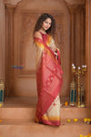 Shubh Lakshmi ~ Handloom High Quality Pure Soft Silk Saree in Off White and Red (Silk Mark Certified) - verymuchindian.com