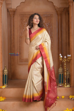 Shubh Lakshmi ~ Handloom High Quality Pure Soft Silk Saree in Off White and Red (Silk Mark Certified) - verymuchindian.com