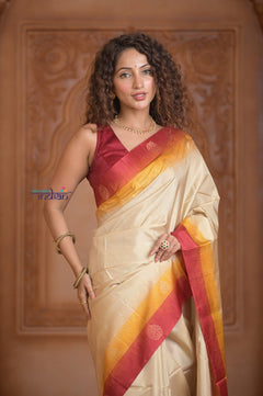 Shubh Lakshmi ~ Handloom High Quality Pure Soft Silk Saree in Off White and Red (Silk Mark Certified) - verymuchindian.com