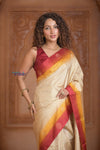 Shubh Lakshmi ~ Handloom High Quality Pure Soft Silk Saree in Off White and Red (Silk Mark Certified) - verymuchindian.com