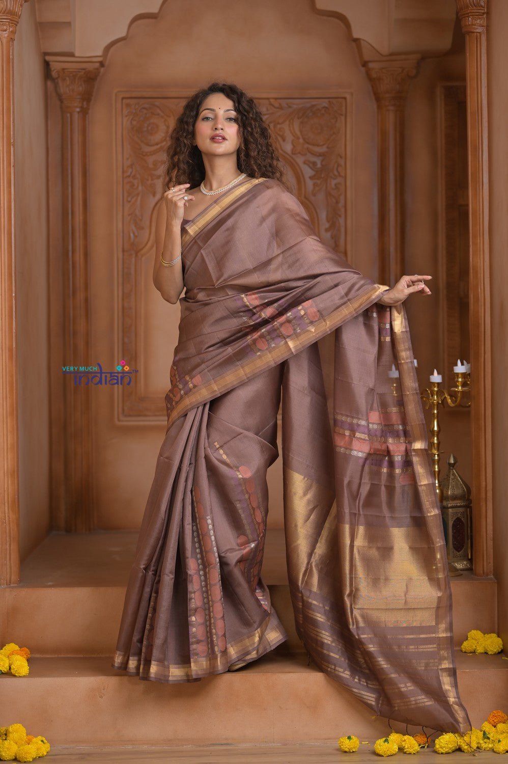 Shubh Lakshmi ~ Handloom High Quality Pure Soft Silk Saree in Pantone Brown (Silk Mark Certified) - verymuchindian.com