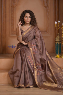 Shubh Lakshmi ~ Handloom High Quality Pure Soft Silk Saree in Pantone Brown (Silk Mark Certified) - verymuchindian.com