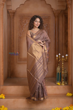Shubh Lakshmi ~ Handloom High Quality Pure Soft Silk Saree in Pantone Brown (Silk Mark Certified) - verymuchindian.com