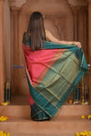 Shubh Lakshmi ~ Handloom High Quality Pure Soft Silk Saree in Peach Pink and Green (Silk Mark Certified) - verymuchindian.com