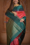 Shubh Lakshmi ~ Handloom High Quality Pure Soft Silk Saree in Peach Pink and Green (Silk Mark Certified) - verymuchindian.com