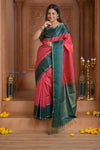 Shubh Lakshmi ~ Handloom High Quality Pure Soft Silk Saree in Peach Pink and Green (Silk Mark Certified) - verymuchindian.com