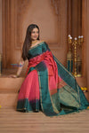 Shubh Lakshmi ~ Handloom High Quality Pure Soft Silk Saree in Peach Pink and Green (Silk Mark Certified) - verymuchindian.com