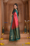 Shubh Lakshmi ~ Handloom High Quality Pure Soft Silk Saree in Peach Pink and Green (Silk Mark Certified) - verymuchindian.com