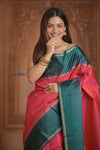 Shubh Lakshmi ~ Handloom High Quality Pure Soft Silk Saree in Peach Pink and Green (Silk Mark Certified) - verymuchindian.com