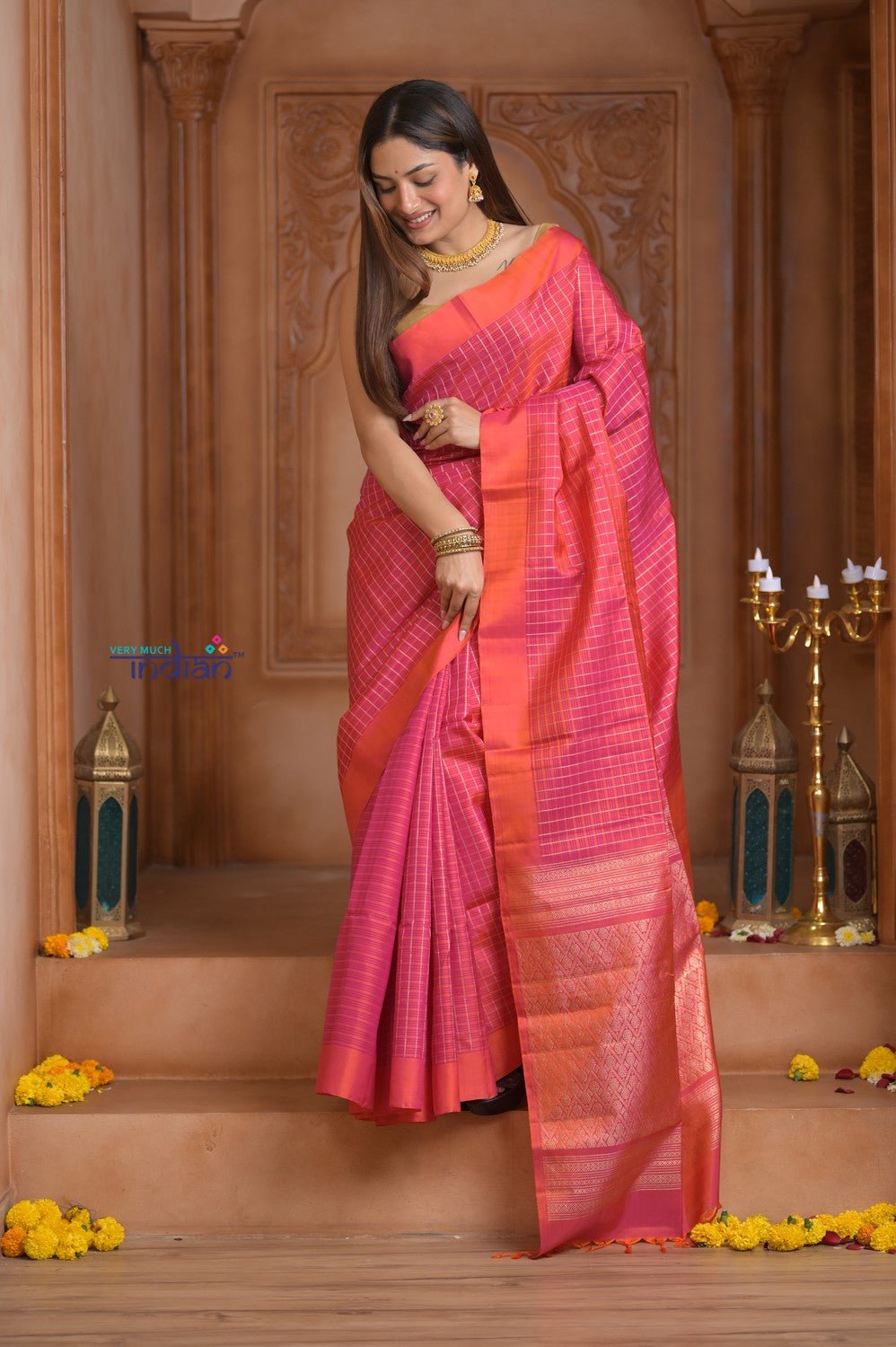 Shubh Lakshmi ~ Handloom High Quality Pure Soft Silk Saree in Peach Pink and Orange (Silk Mark Certified) - verymuchindian.com