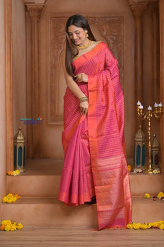 Shubh Lakshmi ~ Handloom High Quality Pure Soft Silk Saree in Peach Pink and Orange (Silk Mark Certified) - verymuchindian.com