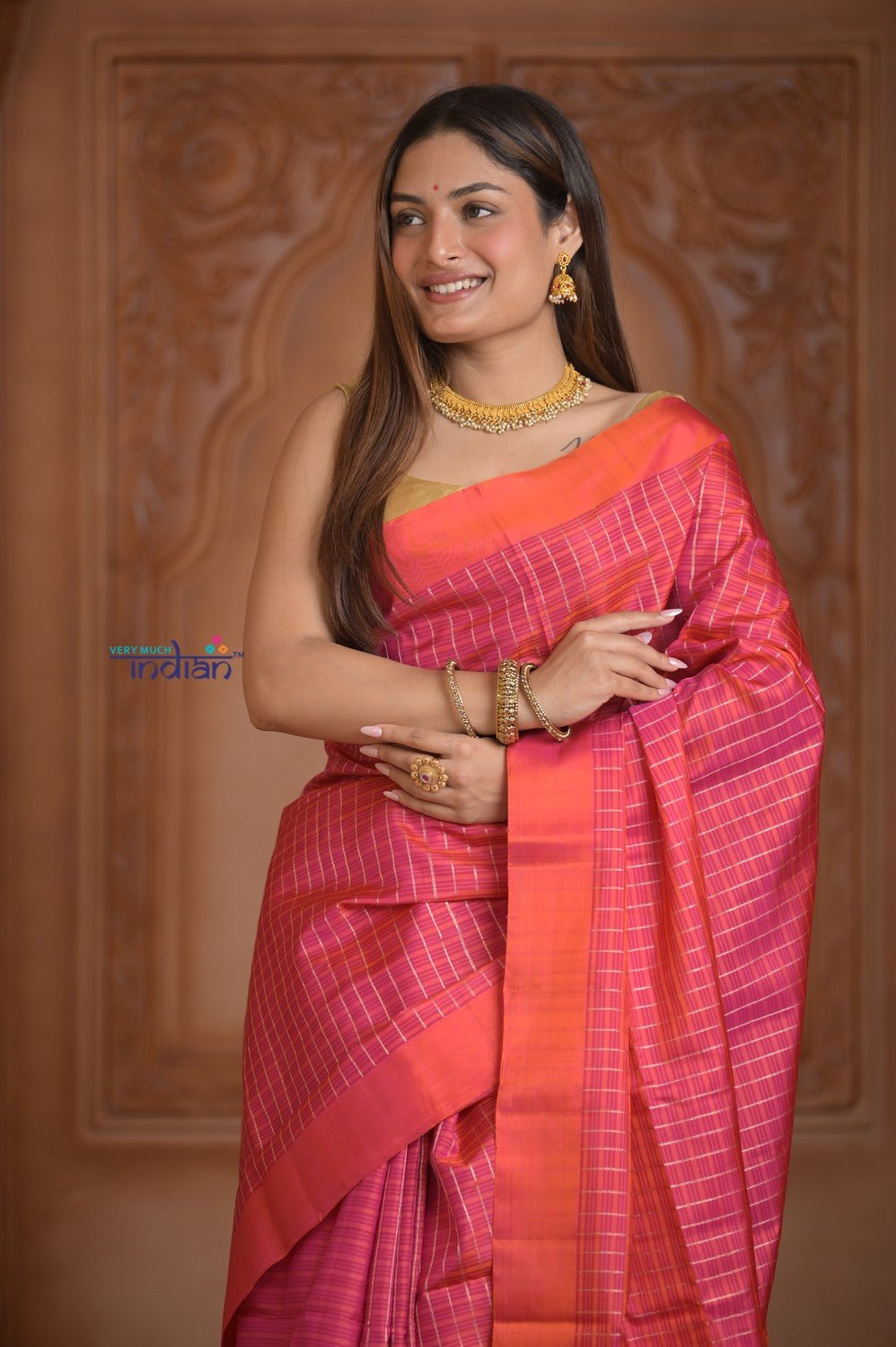 Shubh Lakshmi ~ Handloom High Quality Pure Soft Silk Saree in Peach Pink and Orange (Silk Mark Certified) - verymuchindian.com