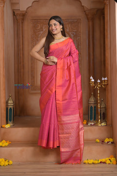 Shubh Lakshmi ~ Handloom High Quality Pure Soft Silk Saree in Peach Pink and Orange (Silk Mark Certified) - verymuchindian.com