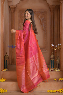 Shubh Lakshmi ~ Handloom High Quality Pure Soft Silk Saree in Peach Pink and Orange (Silk Mark Certified) - verymuchindian.com