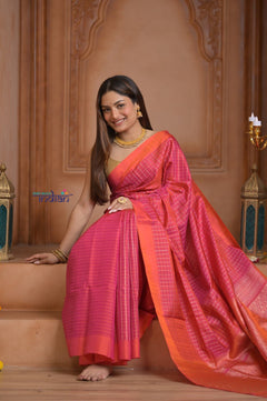 Shubh Lakshmi ~ Handloom High Quality Pure Soft Silk Saree in Peach Pink and Orange (Silk Mark Certified) - verymuchindian.com