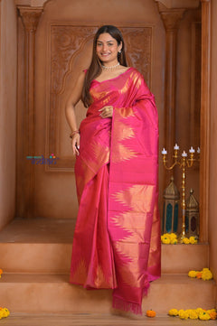 Shubh Lakshmi ~ Handloom High Quality Pure Soft Silk Saree in Pink and Gold (Silk Mark Certified) - verymuchindian.com