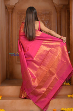 Shubh Lakshmi ~ Handloom High Quality Pure Soft Silk Saree in Pink and Gold (Silk Mark Certified) - verymuchindian.com