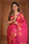 Shubh Lakshmi ~ Handloom High Quality Pure Soft Silk Saree in Pink and Gold (Silk Mark Certified) - verymuchindian.com