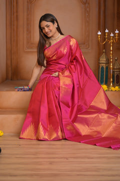 Shubh Lakshmi ~ Handloom High Quality Pure Soft Silk Saree in Pink and Gold (Silk Mark Certified) - verymuchindian.com