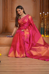 Shubh Lakshmi ~ Handloom High Quality Pure Soft Silk Saree in Pink and Gold (Silk Mark Certified) - verymuchindian.com
