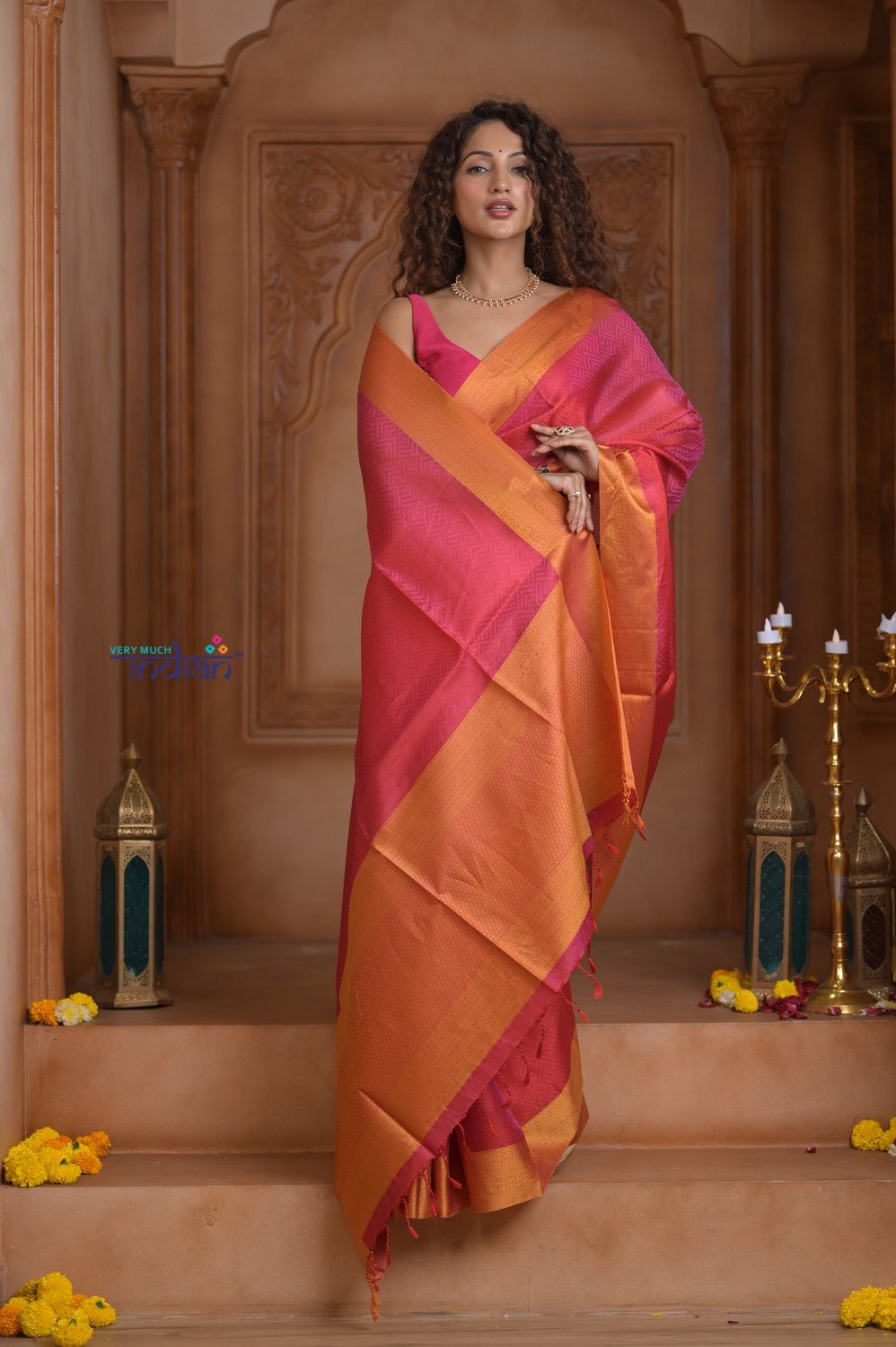 Shubh Lakshmi ~ Handloom High Quality Pure Soft Silk Saree in Pink and Orange (Silk Mark Certified) - verymuchindian.com