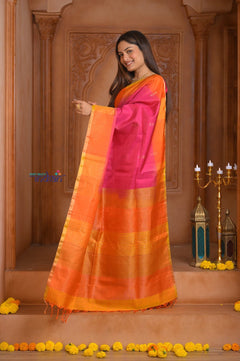 Shubh Lakshmi ~ Handloom High Quality Pure Soft Silk Saree in Pink and Orange (Silk Mark Certified) - verymuchindian.com