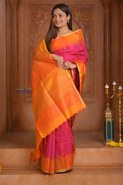 Shubh Lakshmi ~ Handloom High Quality Pure Soft Silk Saree in Pink and Orange (Silk Mark Certified) - verymuchindian.com