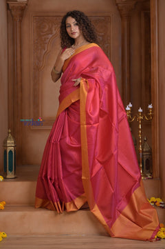 Shubh Lakshmi ~ Handloom High Quality Pure Soft Silk Saree in Pink and Orange (Silk Mark Certified) - verymuchindian.com