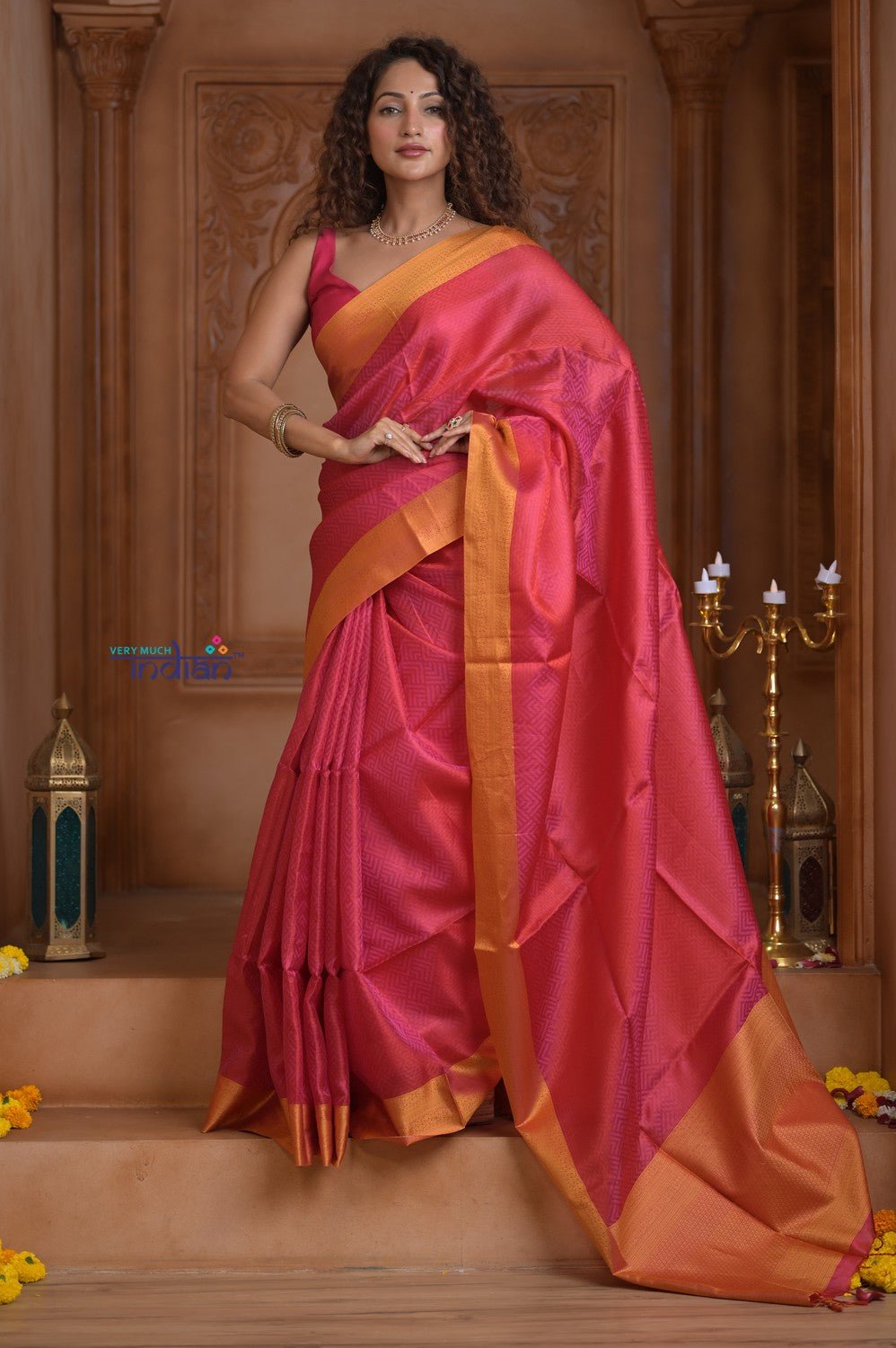 Shubh Lakshmi ~ Handloom High Quality Pure Soft Silk Saree in Pink and Orange (Silk Mark Certified) - verymuchindian.com