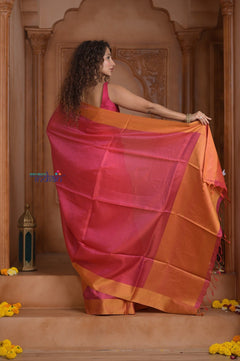 Shubh Lakshmi ~ Handloom High Quality Pure Soft Silk Saree in Pink and Orange (Silk Mark Certified) - verymuchindian.com