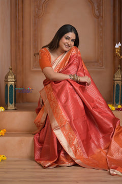 Shubh Lakshmi ~ Handloom High Quality Pure Soft Silk Saree in Red and Orange (Silk Mark Certified) - verymuchindian.com