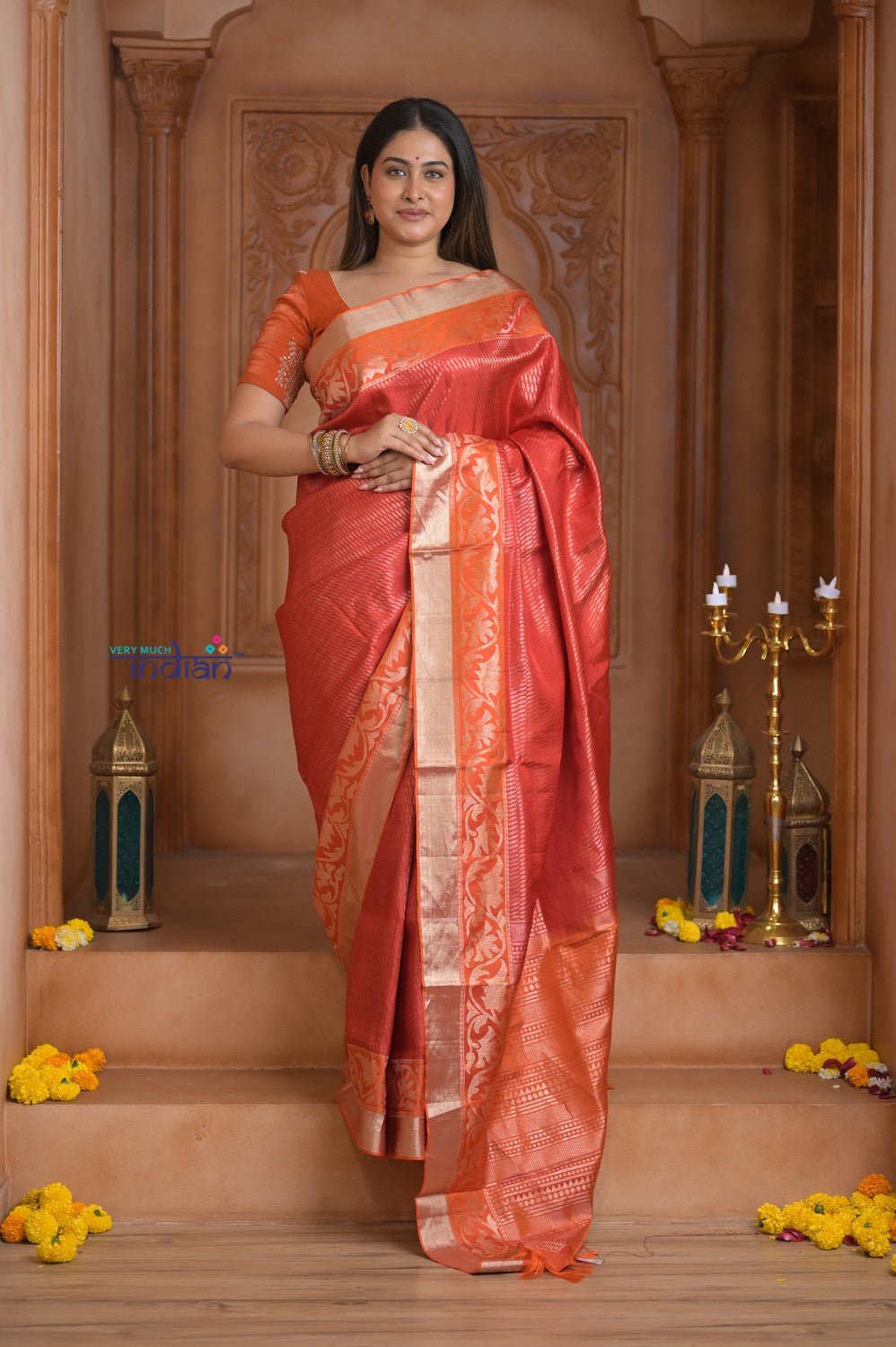 Shubh Lakshmi ~ Handloom High Quality Pure Soft Silk Saree in Red and Orange (Silk Mark Certified) - verymuchindian.com